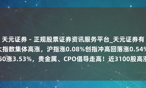 天元证券 - 正规股票证券资讯服务平台_天元证券有限公司 A股收评:三大指数集体高涨,沪指涨0.08%创指冲高回落涨0.54%科创50涨3.53%,贵金属、CPO倡导走高!近3100股高涨,成交2.61万亿缩量1805亿